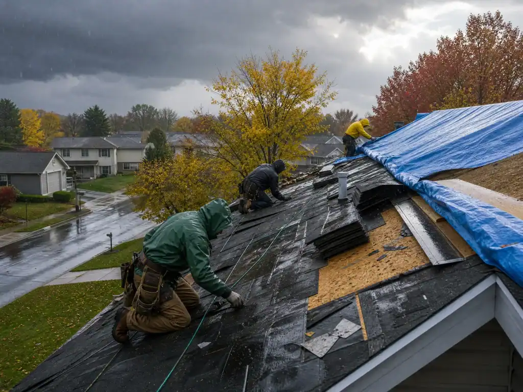 GRT Roofing team repairs a home's roof in rainy weather, showing reliable service even on bad weather days GRT Roofing team repairs a home's roof in rainy weather, showing reliable service even on bad weather days.