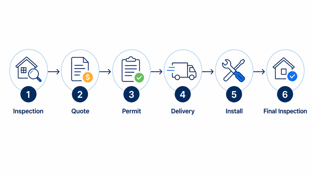 GRT Roofing’s process: inspection, quote, permit, delivery, install, then final inspection for every project.