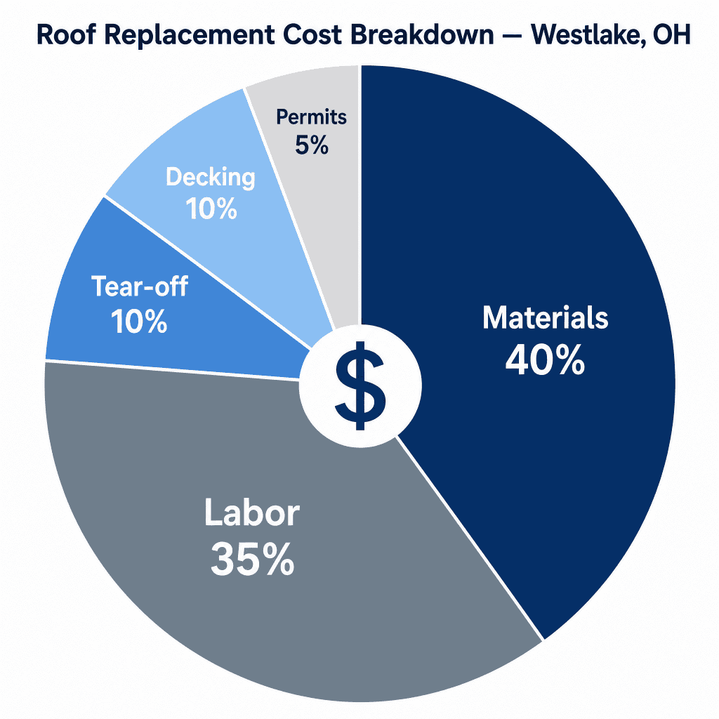 GRT Roofing shows that most roof replacement costs in Westlake, OH are for materials and labor, with smaller permit and tear-off fees. GRT Roofing shows that most roof replacement costs in Westlake, OH are for materials and labor, with smaller permit and tear-off fees.