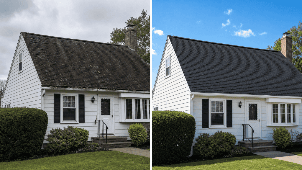 Before-and-after comparison of an aged, weathered roof and a freshly replaced asphalt shingle roof on the same North Olmsted home