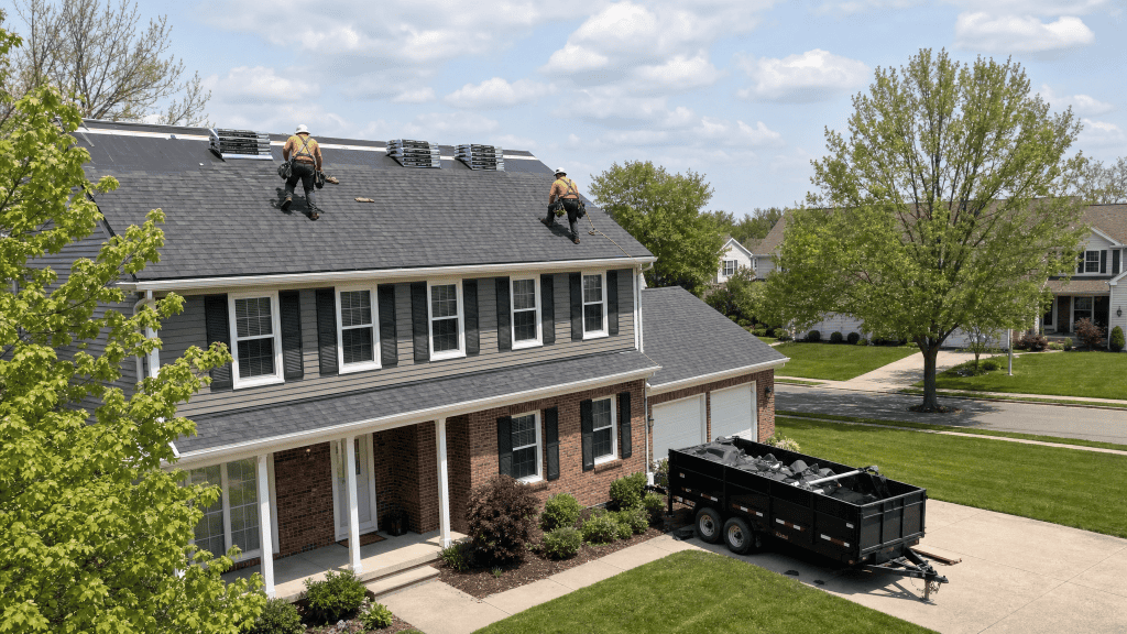 GRT Roofing crew installing new asphalt shingles on a North Olmsted, OH home