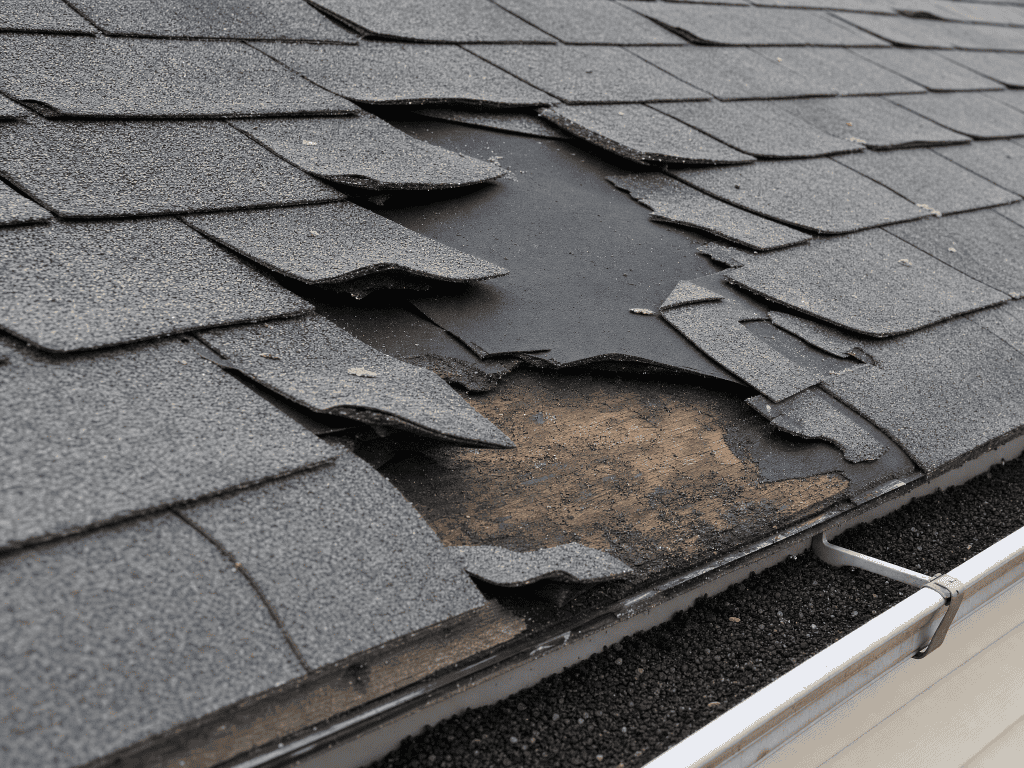 A GRT Roofing example showing a roof with damage that needs repair to prevent leaks and protect the home. A GRT Roofing example showing a roof with damage that needs repair to prevent leaks and protect the home.
