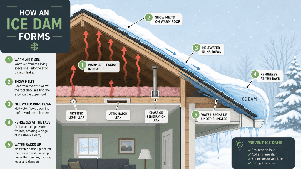 GRT Roofing explains ice dams: warm attic air melts roof snow, water refreezes at eaves, causing leaks; tips to prevent included. GRT Roofing explains ice dams: warm attic air melts roof snow, water refreezes at eaves, causing leaks; tips to prevent included.