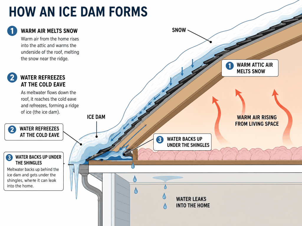 Diagram showing how ice dams form on Northeast Ohio roofs in lake-effect winter weather Diagram showing how ice dams form on Northeast Ohio roofs in lake-effect winter weather