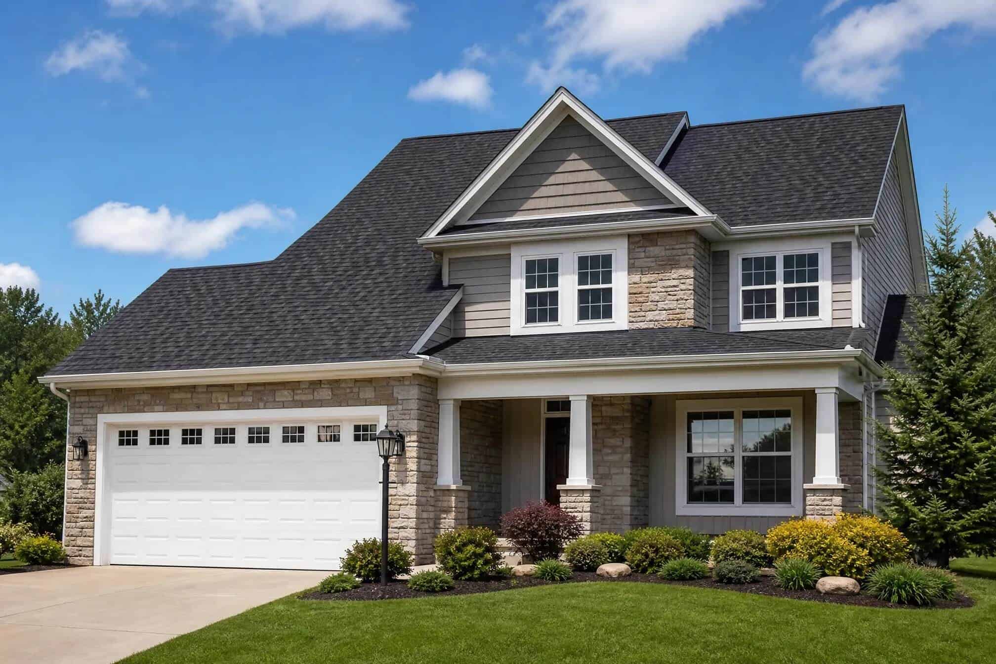 A welcoming two-story home with work by GRT Roofing, showing a safe and comfortable place to live.
