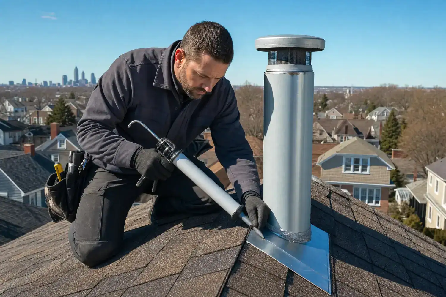 A GRT Roofing worker carefully seals a vent pipe on a roof to help prevent leaks and protect the building.