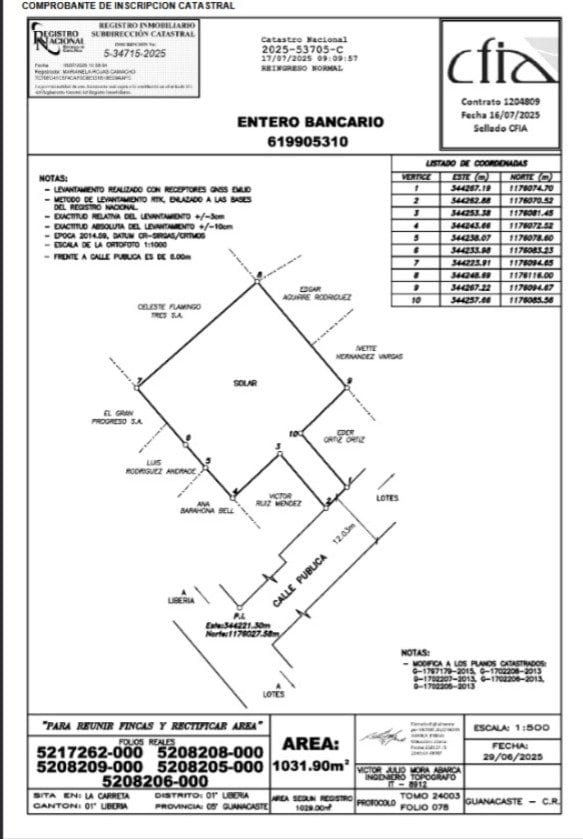 Lote de 1.031 m² para Apartamentos o Casa en Venta La Carreta – Liberia