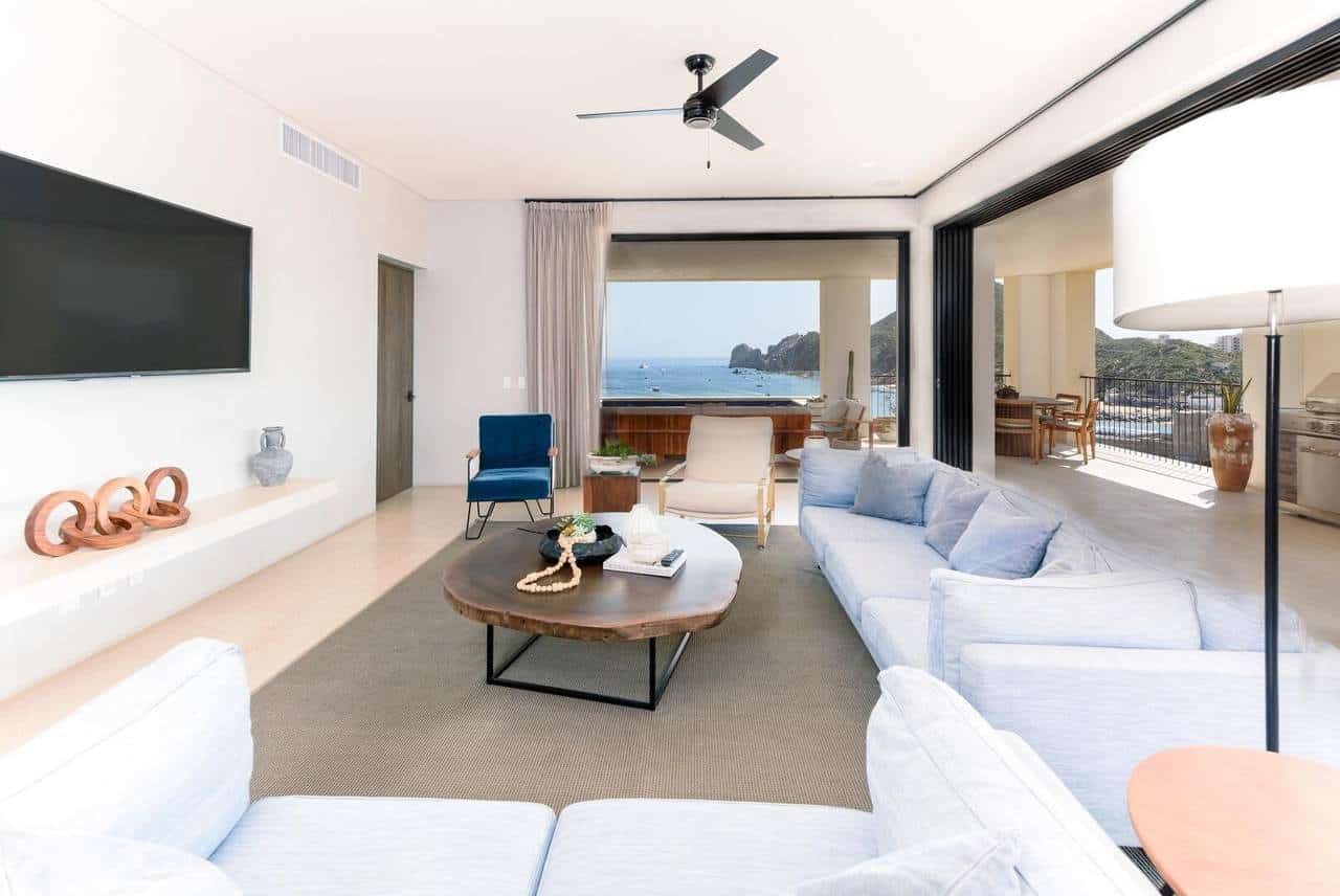 Luxury Living Room At Hacienda With Panoramic Ocean Views And Modern Decor.