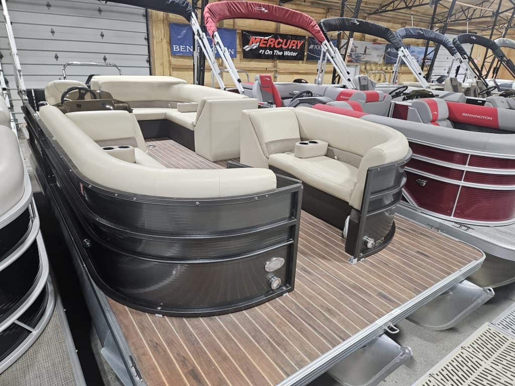 Pontoon boat with spacious seating and modern design.
