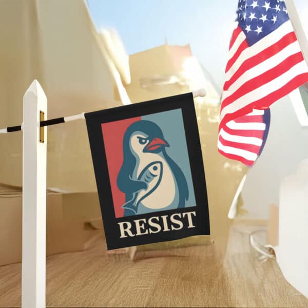 Bold-Activist-Garden-Banner,-Penguin-Resist-Flag