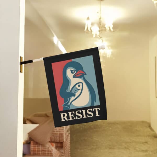 Bold-Activist-Garden-Banner,-Penguin-Resist-Flags