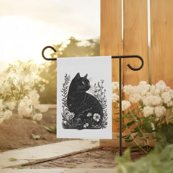 Elegant-Black-Cat-and-Floral-Garden-Banner,-Cat-Lady-Flag