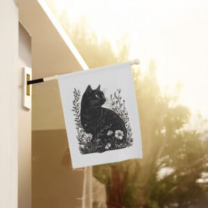 Elegant-Black-Cat-and-Floral-Garden-Banner,-Cat-Lady-Flag-us