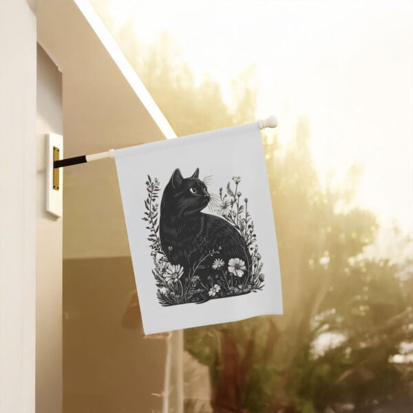 Elegant-Black-Cat-and-Floral-Garden-Banner,-Cat-Lady-Flag-us