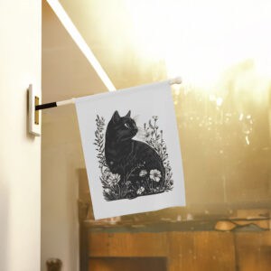Elegant-Black-Cat-and-Floral-Garden-Banner,-Cat-Lady-Flag-usa