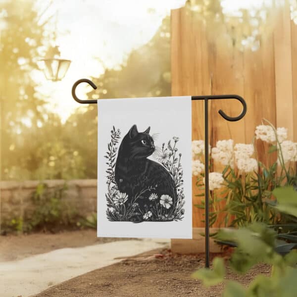 Elegant-Black-Cat-and-Floral-Garden-Banner,-Cat-Lady-Flags