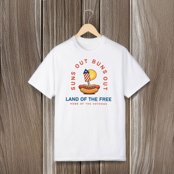 Land-of-the-Free-Hotdog-Fireworks-Tee,-Suns-Out-Buns-Out-T-Shirt-usa