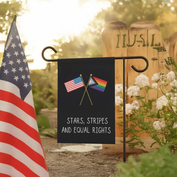 Patriotic-Garden-Banner,-Stars,-Stripes-and-Equal-Rights-Fourth-of-July-Flags