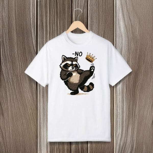 Playful-Anti-Authority-Graphic-Tee,-No-King-Raccoon-Shirt