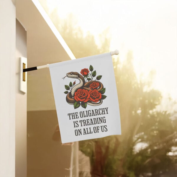 Political-Activist-Garden-Banner,-Oligarchy-Snake-Flag-us
