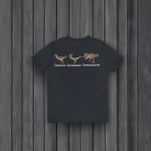 Prehistoric-Dinosaur-Illustration-Tee,-Fukuiraptor,-Dilophosaurus,-Tyrannosaurus-Rex-Dinosaur-T-Shirt
