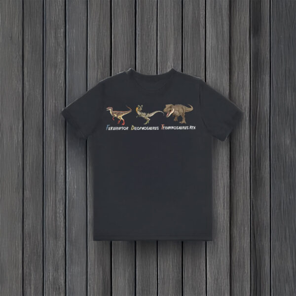 Prehistoric-Dinosaur-Illustration-Tee,-Fukuiraptor,-Dilophosaurus,-Tyrannosaurus-Rex-Dinosaur-T-Shirt
