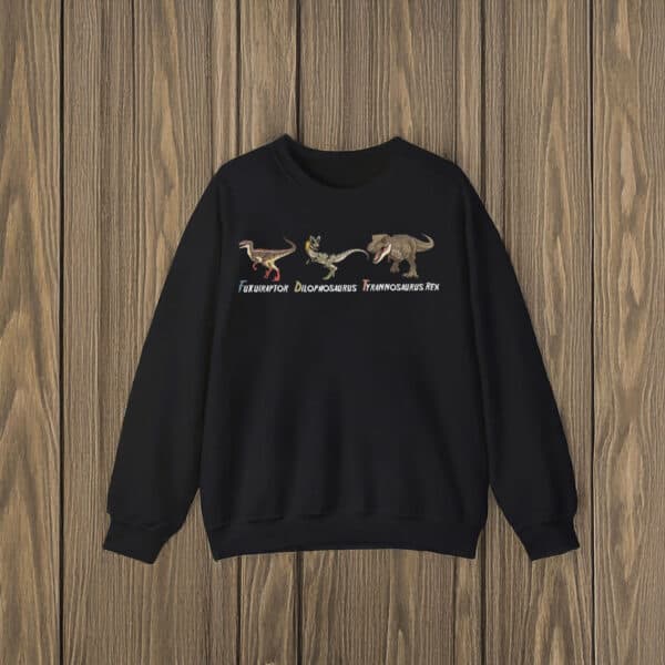 Prehistoric-Dinosaur-Illustration-Tee,-Fukuiraptor,-Dilophosaurus,-Tyrannosaurus-Rex-Dinosaur-T-Shirts