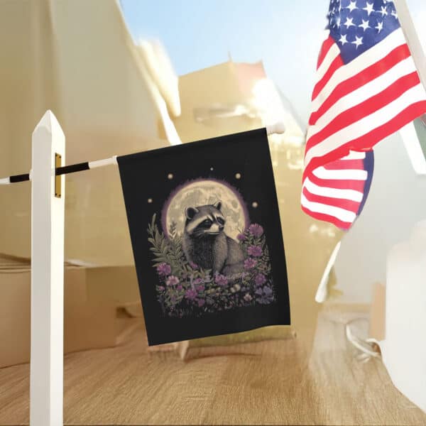 Raccoon-Floral-Political-Garden-Banner,-Subtle-Anti-Trump-Flag