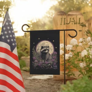 Raccoon-Floral-Political-Garden-Banner,-Subtle-Anti-Trump-Flag-us
