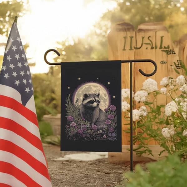 Raccoon-Floral-Political-Garden-Banner,-Subtle-Anti-Trump-Flag-us