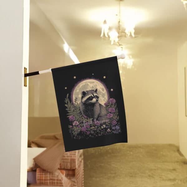 Raccoon-Floral-Political-Garden-Banner,-Subtle-Anti-Trump-Flags