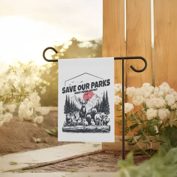 Save-Our-Parks-Resist-Defend-Protect-Garden-Banner,-Subtle-Anti-Trump-Flag