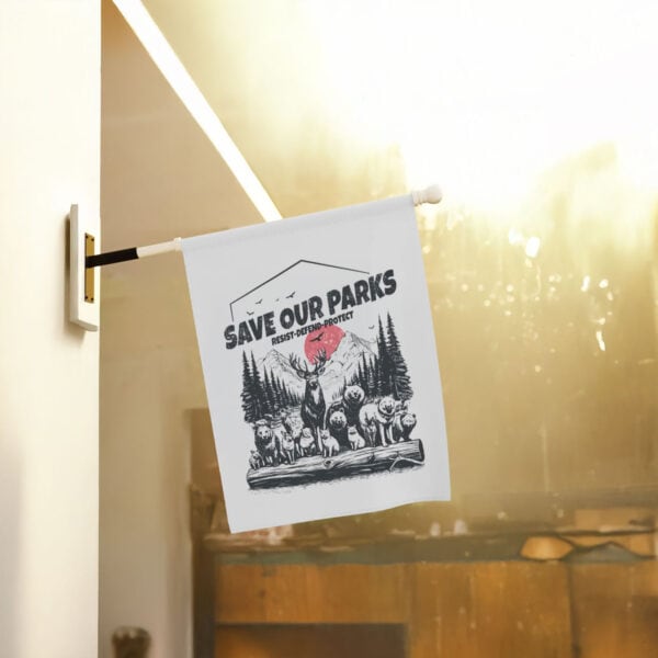 Save-Our-Parks-Resist-Defend-Protect-Garden-Banner,-Subtle-Anti-Trump-Flag-usa
