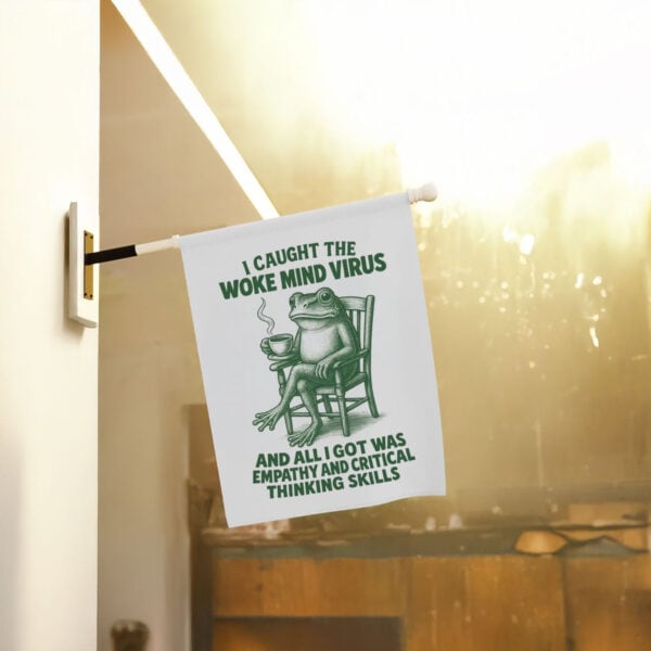 Woke-Mind-Virus-Garden-Banner,-Retro-Frog-Political-Liberal-Leftist-Social-Justice-Flag