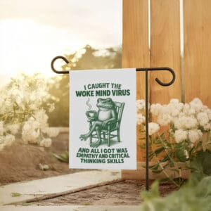 Woke-Mind-Virus-Garden-Banner,-Retro-Frog-Political-Liberal-Leftist-Social-Justice-Flag-usa
