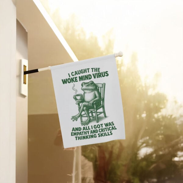 Woke-Mind-Virus-Garden-Banner,-Retro-Frog-Political-Liberal-Leftist-Social-Justice-Flags