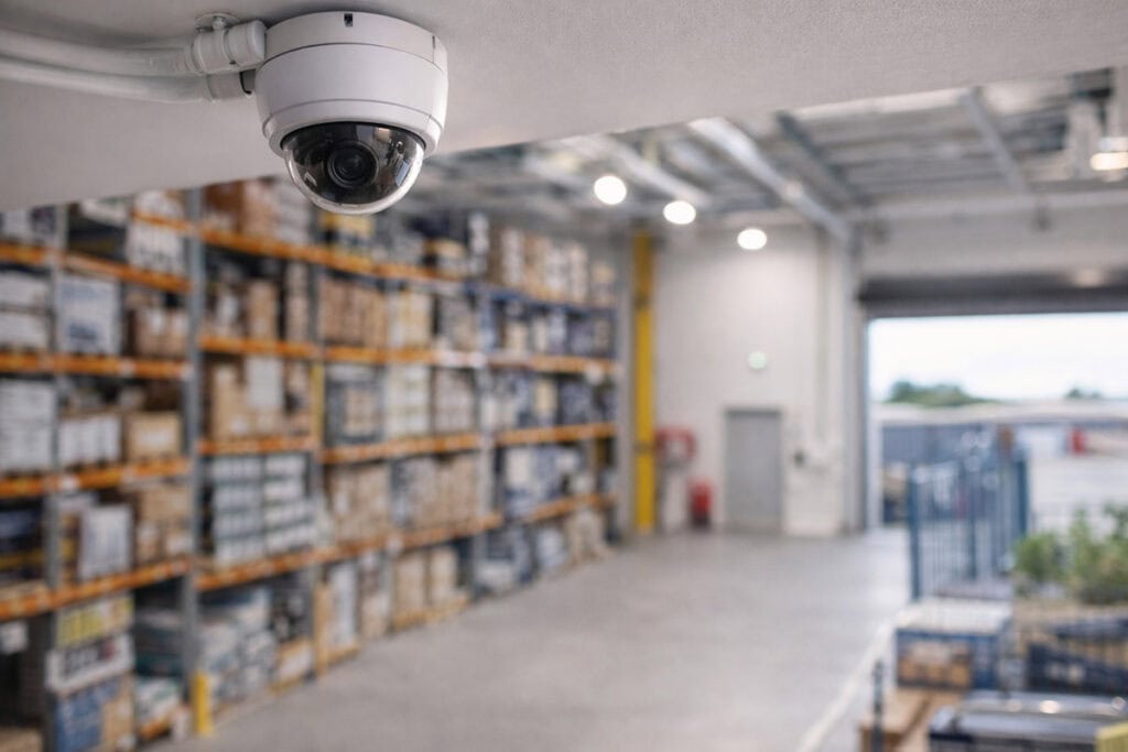 A ceiling mounted CCTV camera in a warehouse