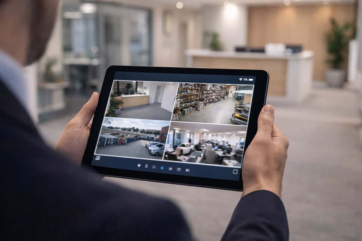 A business person monitoring 4 CCTV camera feeds on a tablet
