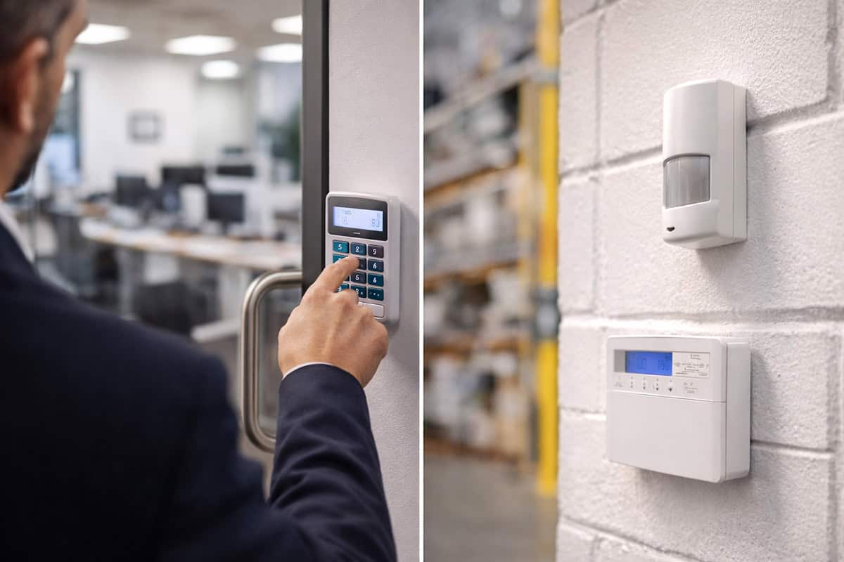A split image of a an entering a secure office building using a keypad to enter and a close up of a PIR monitor and a control panel