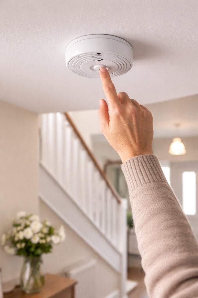 A close up image of a hand testing a ceiling mounted smoke alarm