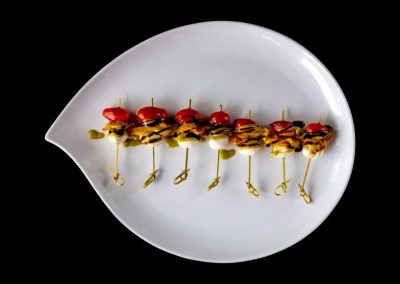 Grape Tomato, Roasted Tomato & Fresh Mozz Skewer With Lemon Basil Vinaigrette And Balsamic Glaze