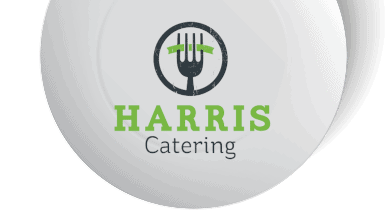 The Harris Catering Logo with a white plate sitting behind it.