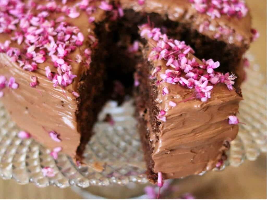 slice of cake coming out of chocolate double layer cake