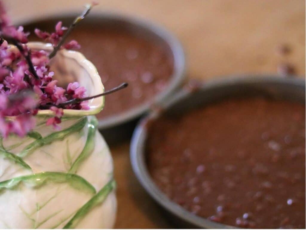 chocolate cake batter in pans with vase of redbud flowers