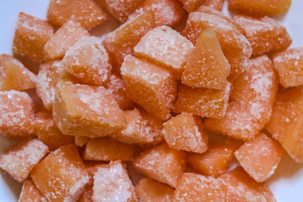 cubed muskmelon on a plate