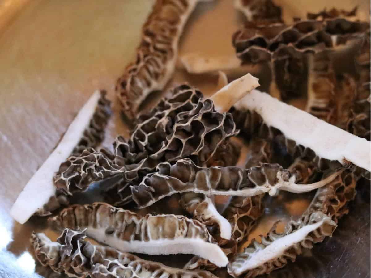 sliced morels in a metal bowl
