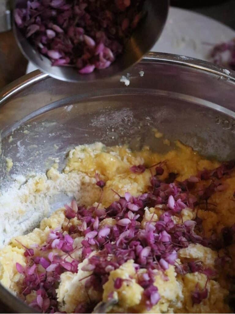 redbuds being added to batter