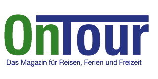 OnTour-Logo Das Bild zeigt das Logo von OnTour, wobei On in Grün und Tour in Blau gehalten ist. Unter dem Logo steht in Blau „Das Magazin für Reisen, Ferien und Freizeit“.