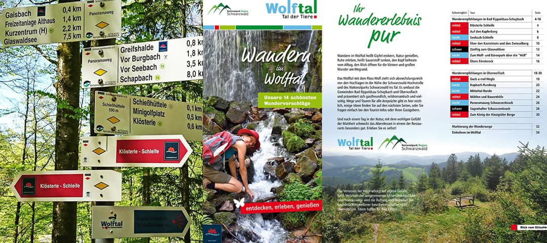 Aufmacher-Wolftal-1080 Eine Collage mit Wanderwegschildern im Wald, einer Broschüre für Wolfstal mit einem Wanderer an einem Wasserfall und Informationen zu verschiedenen Wanderungen. Die Broschüre präsentiert landschaftlich reizvolle Wanderwege und betont die Naturschönheit und das Abenteuer in Wolfstal im Schwarzwald.