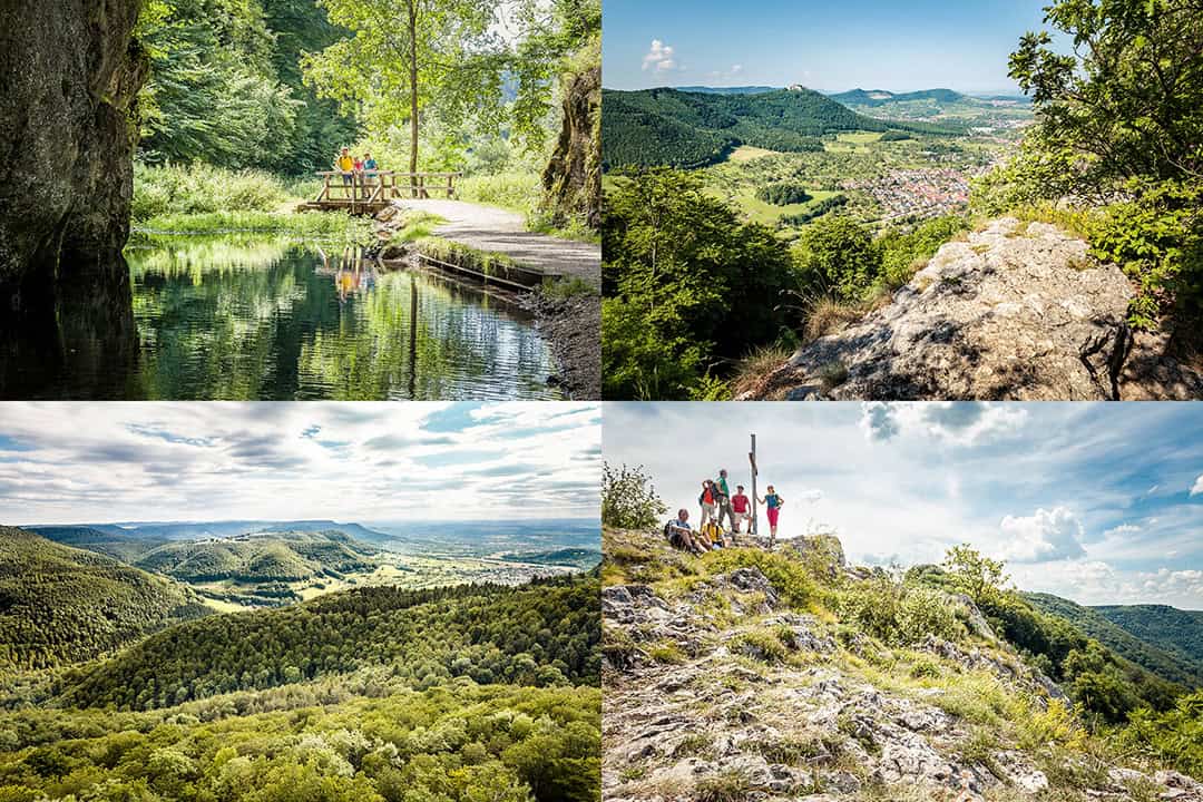 hochgehberge_4bilder Eine Collage aus vier malerischen Landschaften: ein ruhiger Teich an einem Waldweg, ein weiter Talblick von einem felsigen Aussichtspunkt, ausgedehnte grüne Hügel unter einem bewölkten Himmel und Wanderer, die auf einem felsigen Gipfel in der Nähe eines Kreuzes stehen und eine grüne Landschaft überblicken.